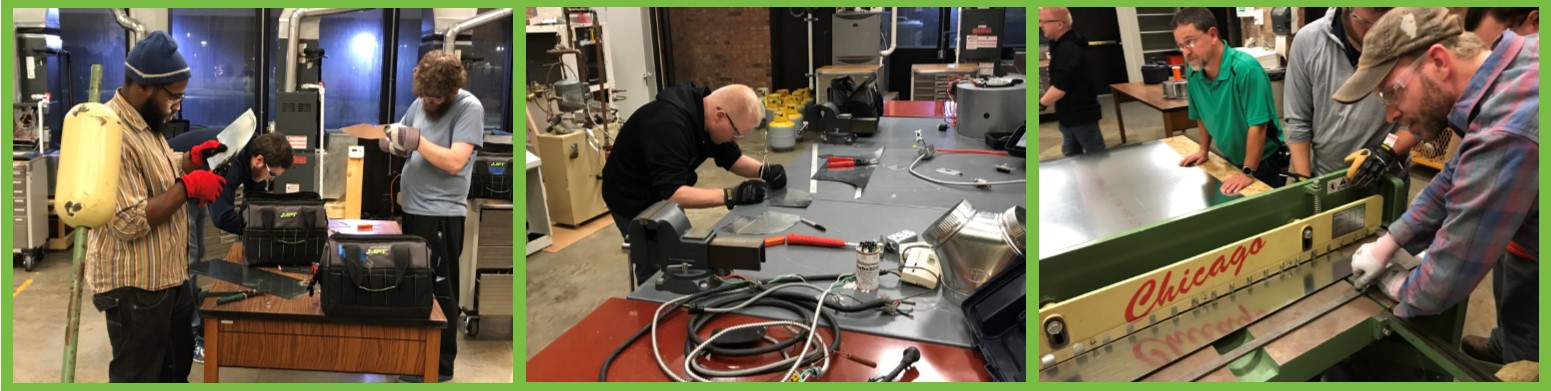 grid of three photos of students working on HVAC equipment